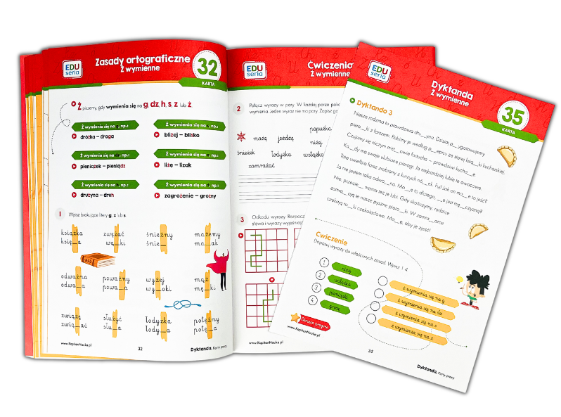EDUseria. Karty pracy. Dyktanda – rozłożone karty pracy z ćwiczeniami ortograficznymi